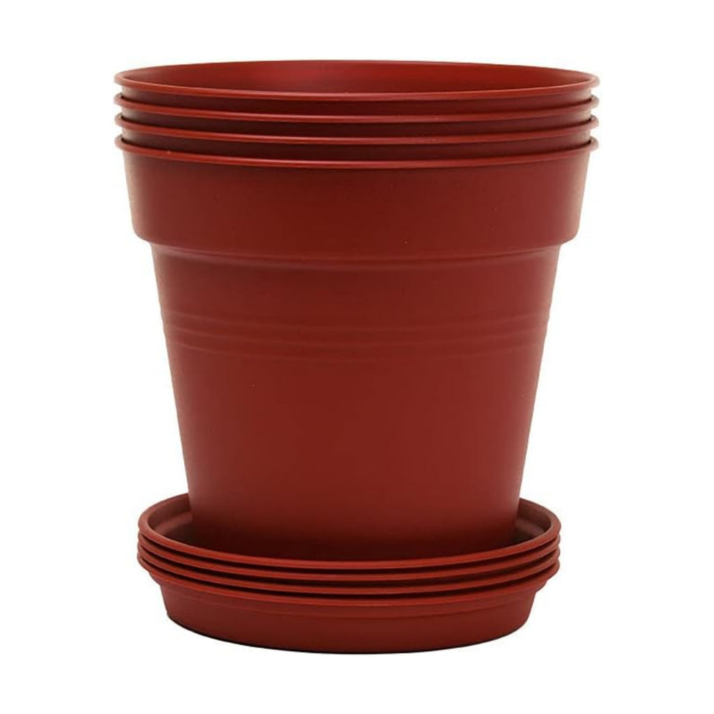 Mintra Garden Pots, 4 Pack Bulk Plastic Plant Pots with Drainage Tray, Round Indoor & Outdoor Decorative Planters with Drain Holes for Flowers, Herbs & Plants, 15cm Diameter – Burgundy, 5.9 in