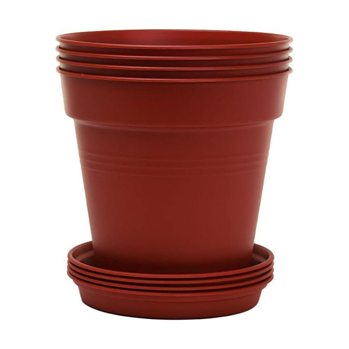 Mintra Garden Pots, 4 Pack Bulk Plastic Plant Pots with Drainage Tray, Round Indoor & Outdoor Decorative Planters with Drain Holes for Flowers, Herbs & Plants, 15cm Diameter – Burgundy, 5.9 in