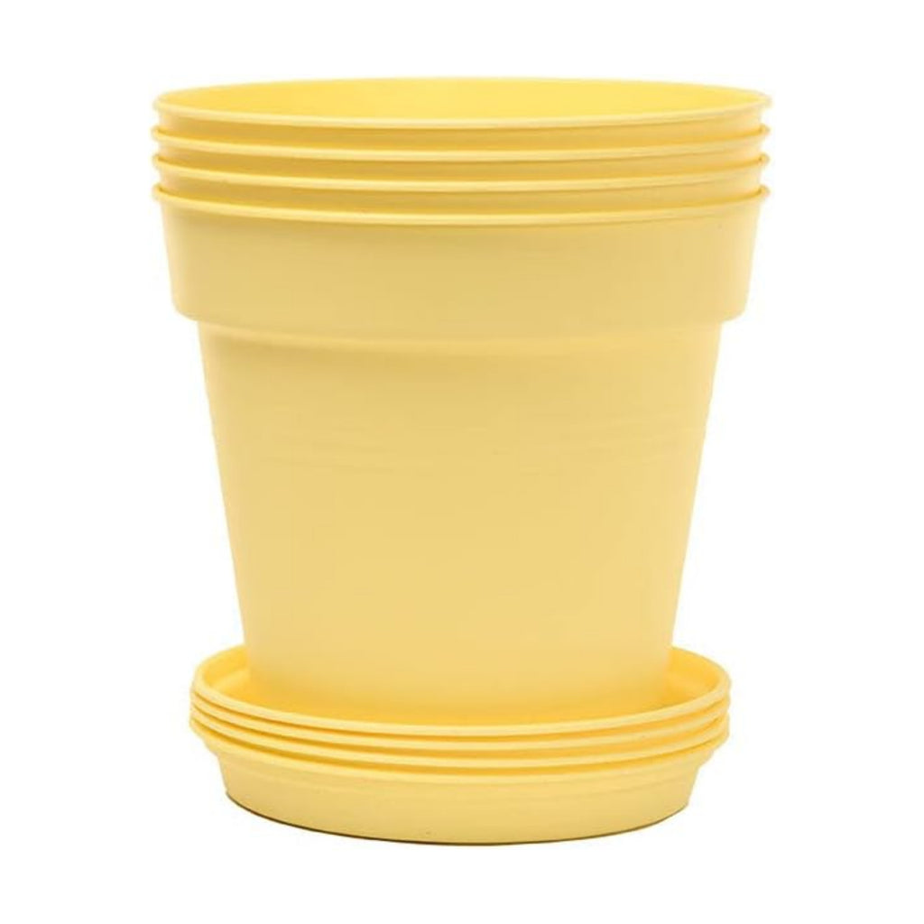 Mintra Garden Pots, 4 Pack Bulk Plastic Plant Pots with Drainage Tray, Round Indoor & Outdoor Decorative Planters with Drain Holes for Flowers, Herbs & Plants, 13cm Diameter – Yellow, 5 in