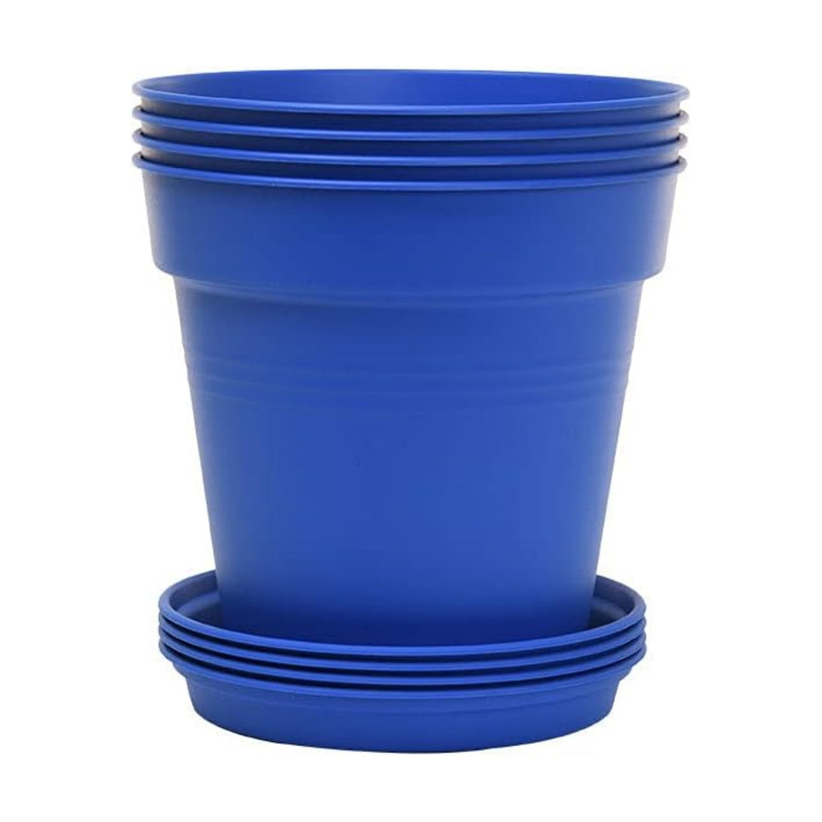 Mintra Garden Pots, 4 Pack Bulk Plastic Plant Pots with Drainage Tray, Round Indoor & Outdoor Decorative Planters with Drain Holes for Flowers, Herbs & Plants, 13cm Diameter – Blue, 5 in