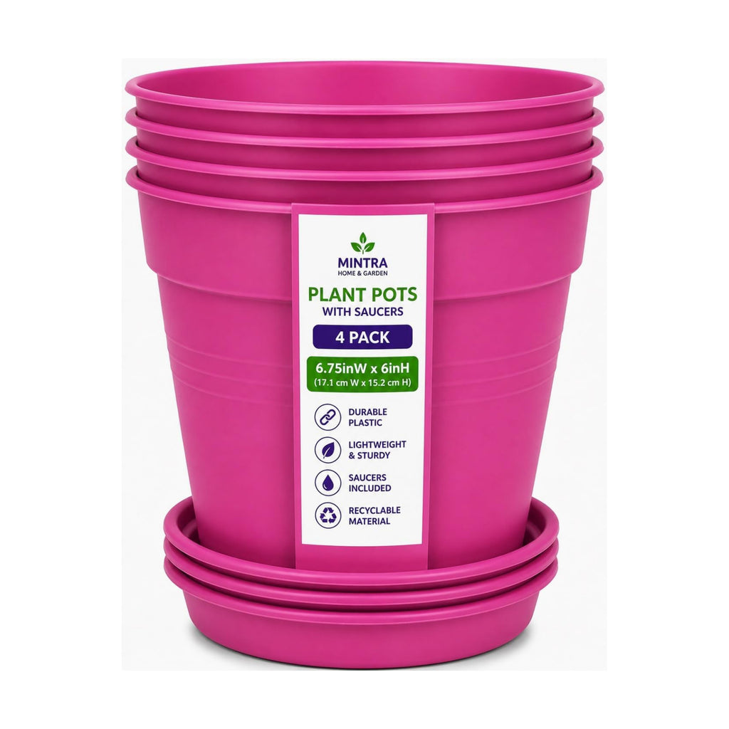 Mintra Garden Pots, 4 Pack Bulk Plastic Plant Pots with Drainage Tray, Round Indoor & Outdoor Decorative Planters with Drain Holes for Flowers, Herbs & Plants, 17cm Diameter – Fuchsia, 6.6 in