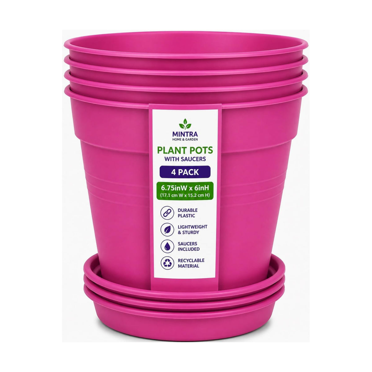 Mintra Garden Pots, 4 Pack Bulk Plastic Plant Pots with Drainage Tray, Round Indoor & Outdoor Decorative Planters with Drain Holes for Flowers, Herbs & Plants, 17cm Diameter – Fuchsia, 6.6 in