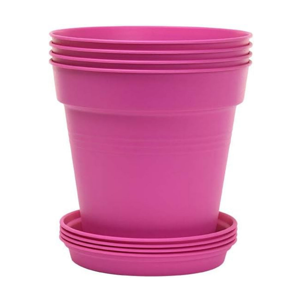 Mintra Garden Pots, 4 Pack Bulk Plastic Plant Pots with Drainage Tray, Round Indoor & Outdoor Decorative Planters with Drain Holes for Flowers, Herbs & Plants, 11cm Diameter – Fuchsia, 4.3 in