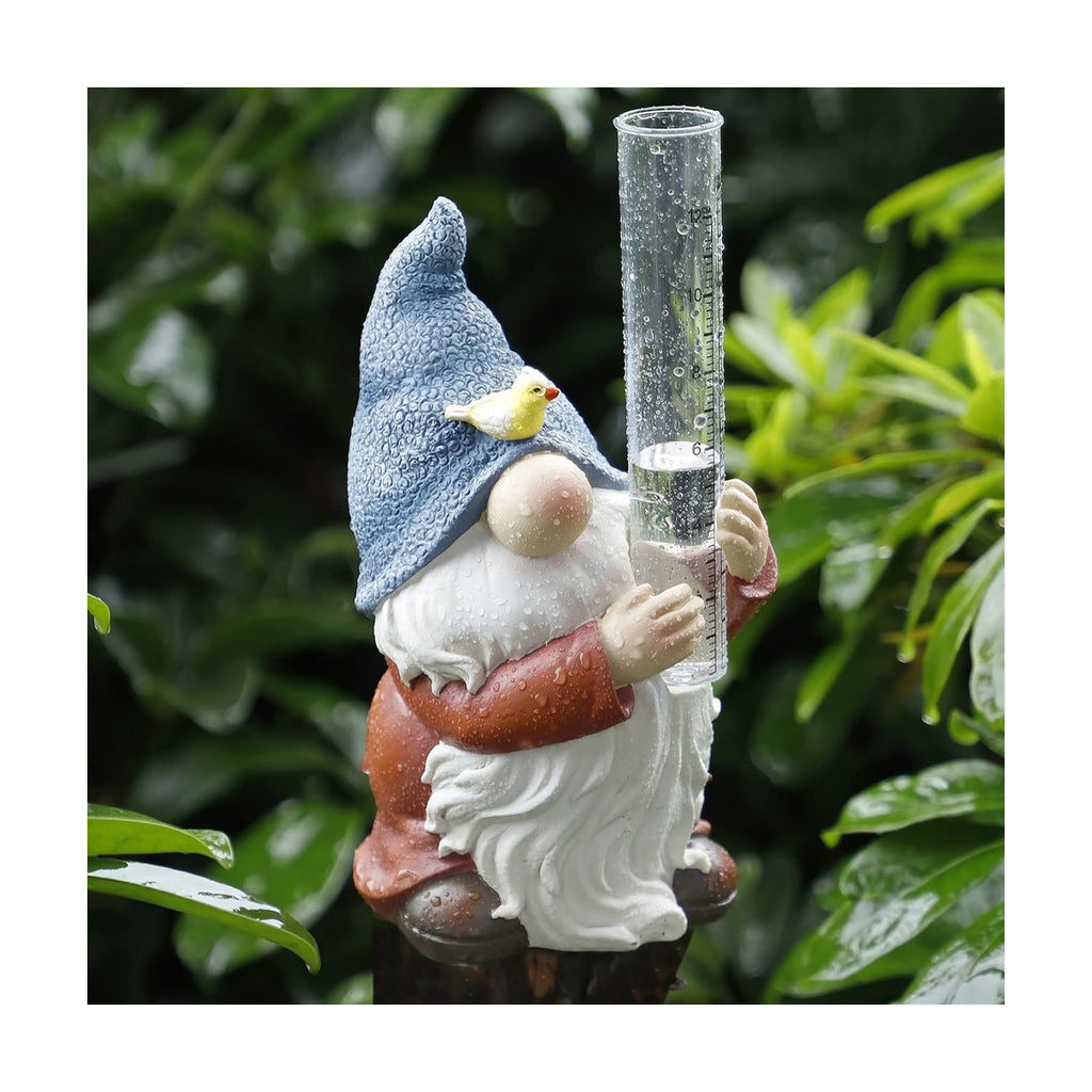 FORUP Resin Gnome Rain Gauge, Hand Painted Gnome Statue with Plastic Rain Gauge