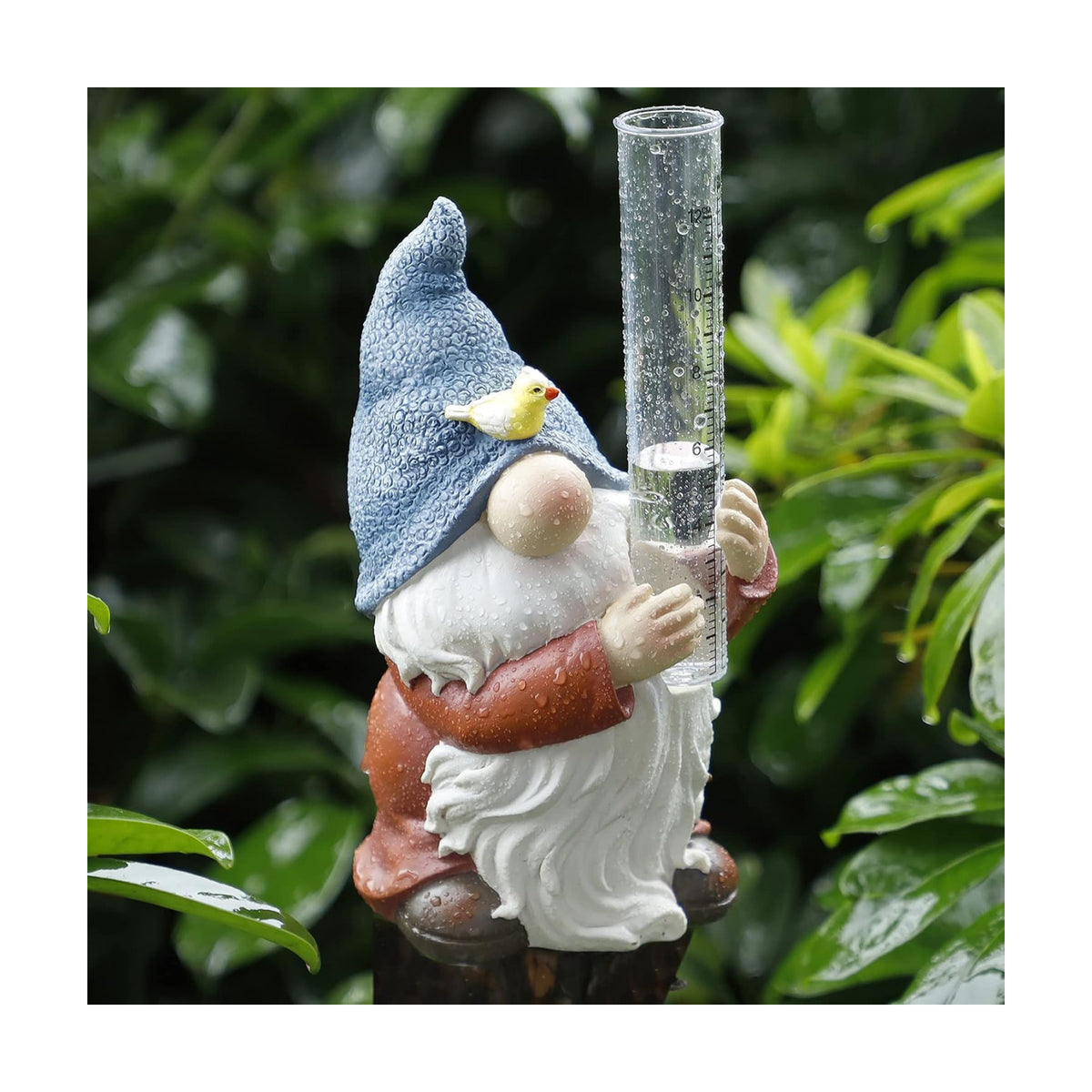 FORUP Resin Gnome Rain Gauge, Hand Painted Gnome Statue with Plastic Rain Gauge