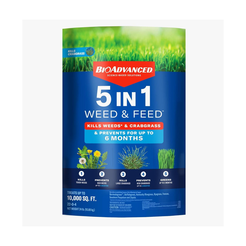 BioAdvanced 5 In 1 Weed and Feed Granules - Kills Lawn Weeds & Crabgrass - Feeds, Greens & Strengthens Lawn - Treats Up