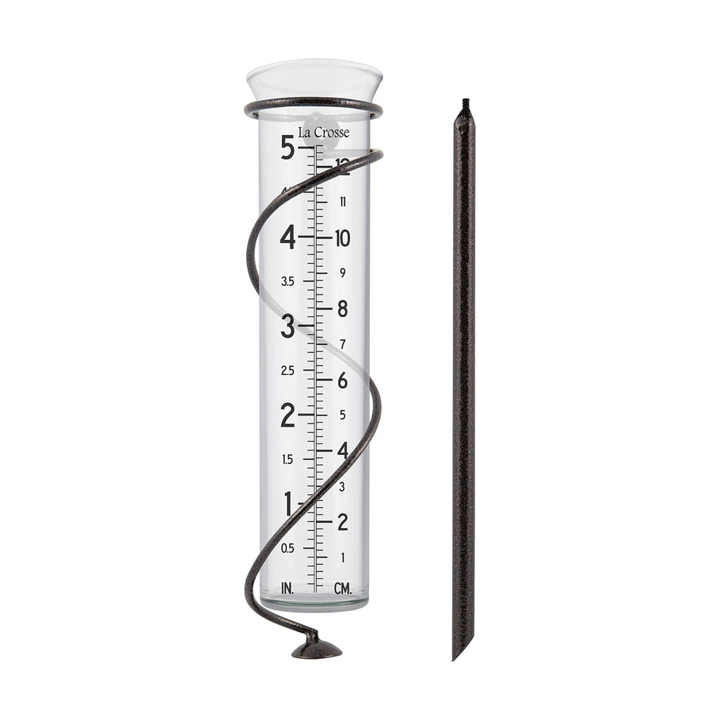 La Crosse 704-08967-INT Original Handcrafted Colombian Metal Finish Spiral Rain Gauge with 5-inch Capacity Glass Rain Garden Tube