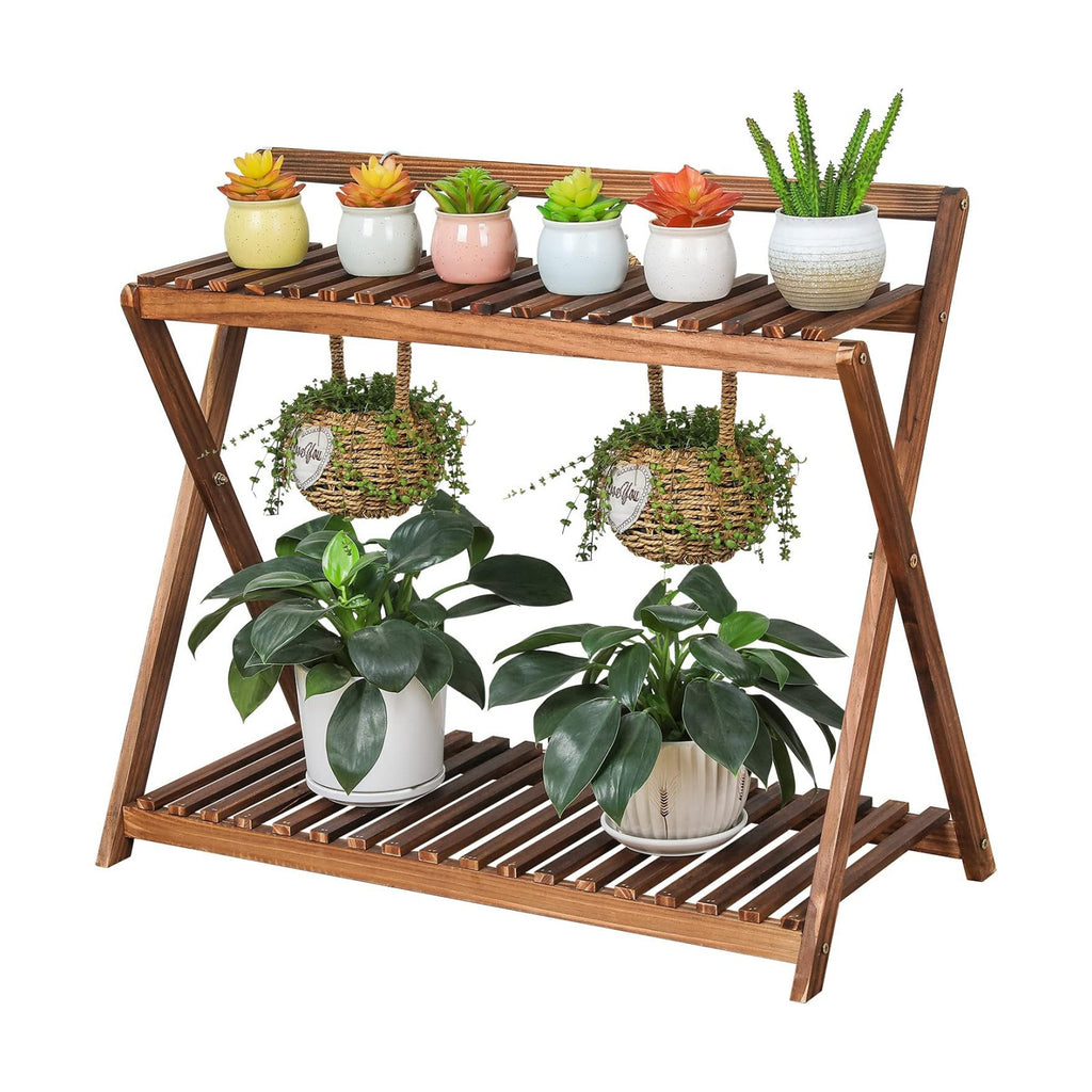 Indoor Plant Stand Shelf for Multiple Plants Hanging 2 Tier Wood | Outdoor Flower Pot Stand Holder with Planter Hanger