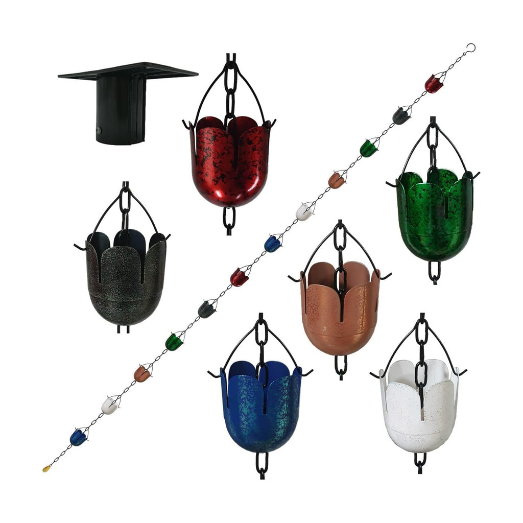 9FT Lotus Iron Rain Chain for Gutters and Rain Barrel+Adapter, 6Colors | Rain Chains for Downspout, Rust-Prevent