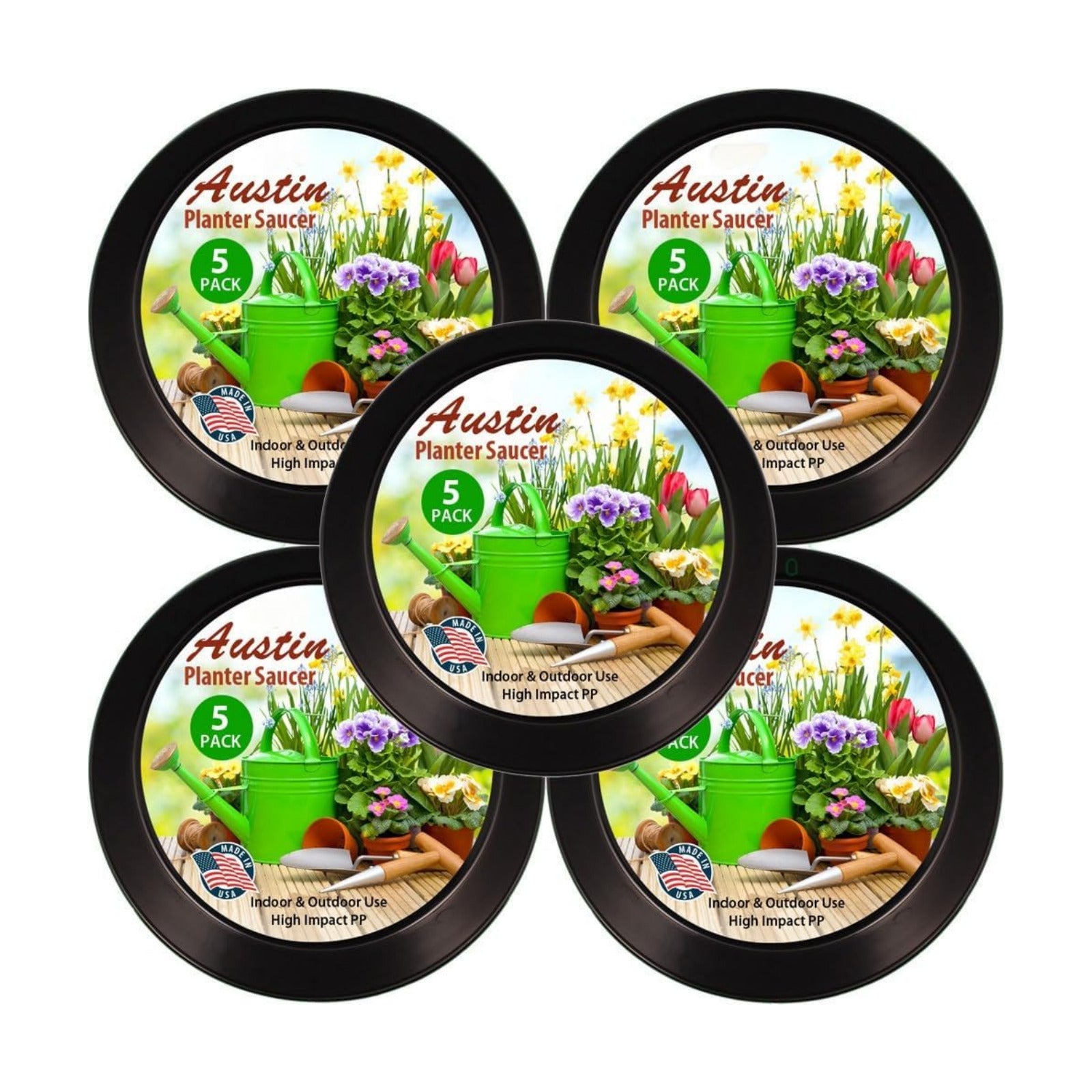 Saucers, Black, 16 Inch (14.25 Inch Base), Case of 5 | Polypropylene, Heavy Duty Indoor/Outdoor, Drip Pan & Tray