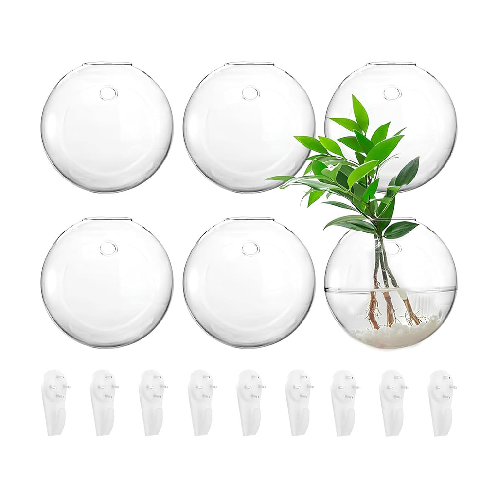 6 Pack Wall Hanging Planters Terrarium, 4.7 Inch Glass Oblate Globe Plants Containers, Wall Mount Clear Flower Vase for