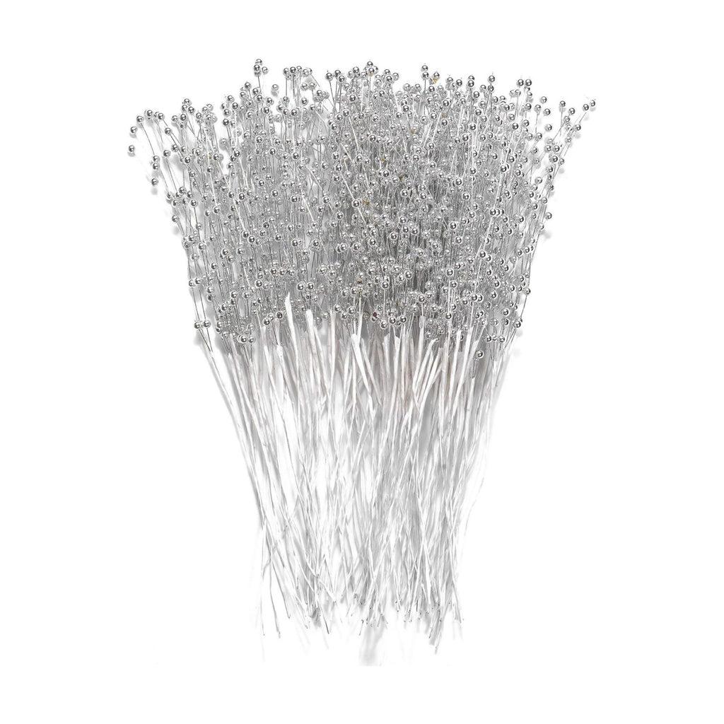 60 Pieces Pearl Stick Stems Bouquets, 4mm Bead String Garland Beaded Spray Filler Floral Arrangements Tree Picks Wedding Party Decoration, Mother's Day Flower Decor, Christmas Tree Picks (Silver)
