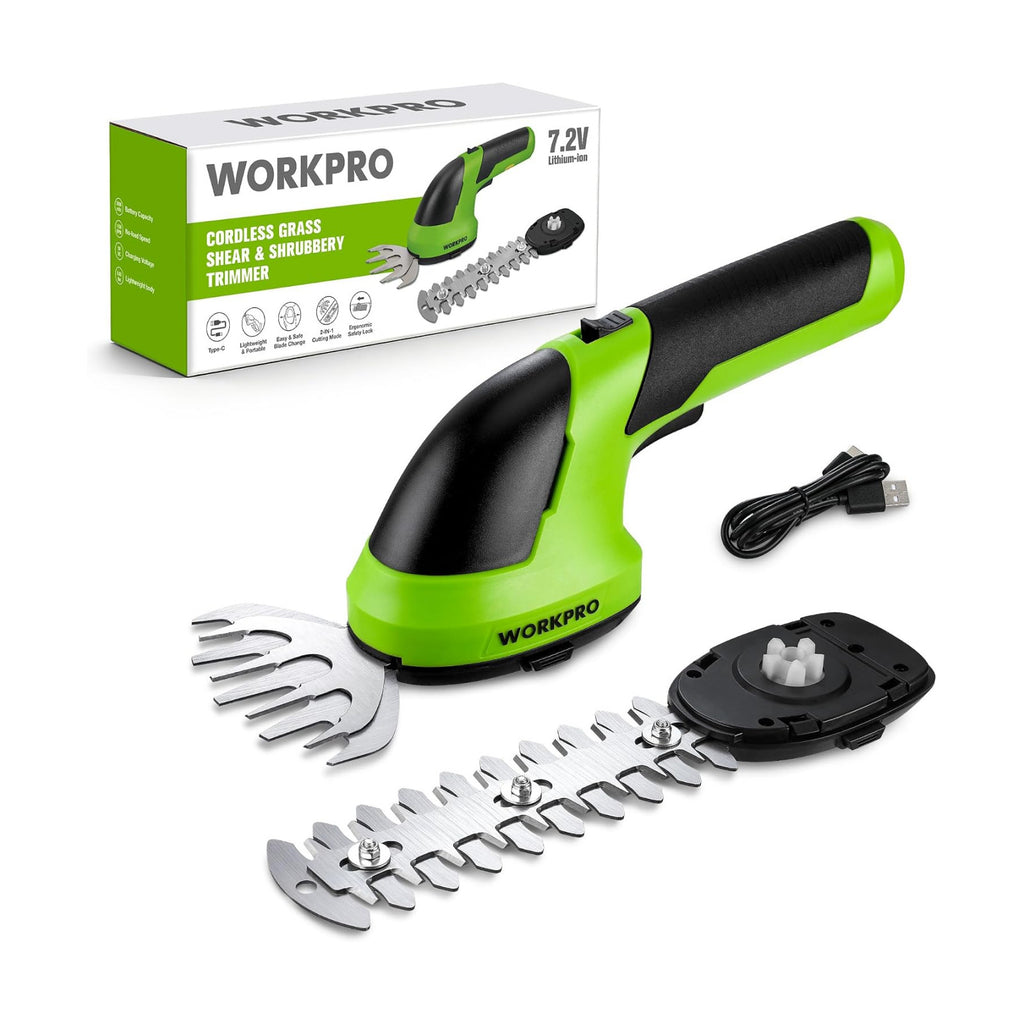 WORKPRO 7.2V Cordless Grass Shear & Shrubbery Trimmer | 5.9" Shrub Trimmer & 4.2" Grass Shear, 2.0Ah Rechargeable