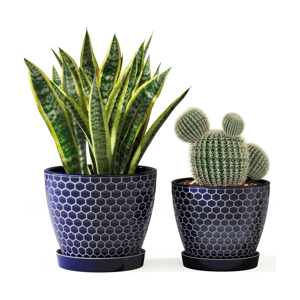 Docrin Blue Honeycomb Ceramic Plant Pot Set - 6.6"+5.5" Inch, Modern Decorative Planters with Drainage Holes & Saucers