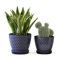 Docrin Blue Honeycomb Ceramic Plant Pot Set - 6.6"+5.5" Inch, Modern Decorative Planters with Drainage Holes & Saucers