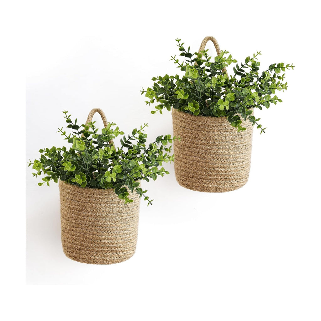 Dahey 2 Pack Woven Hanging Wall Basket 6.5"W×7"H with Artificial Eucalyptus | Easy Hanging Design, Jute Multi-Use