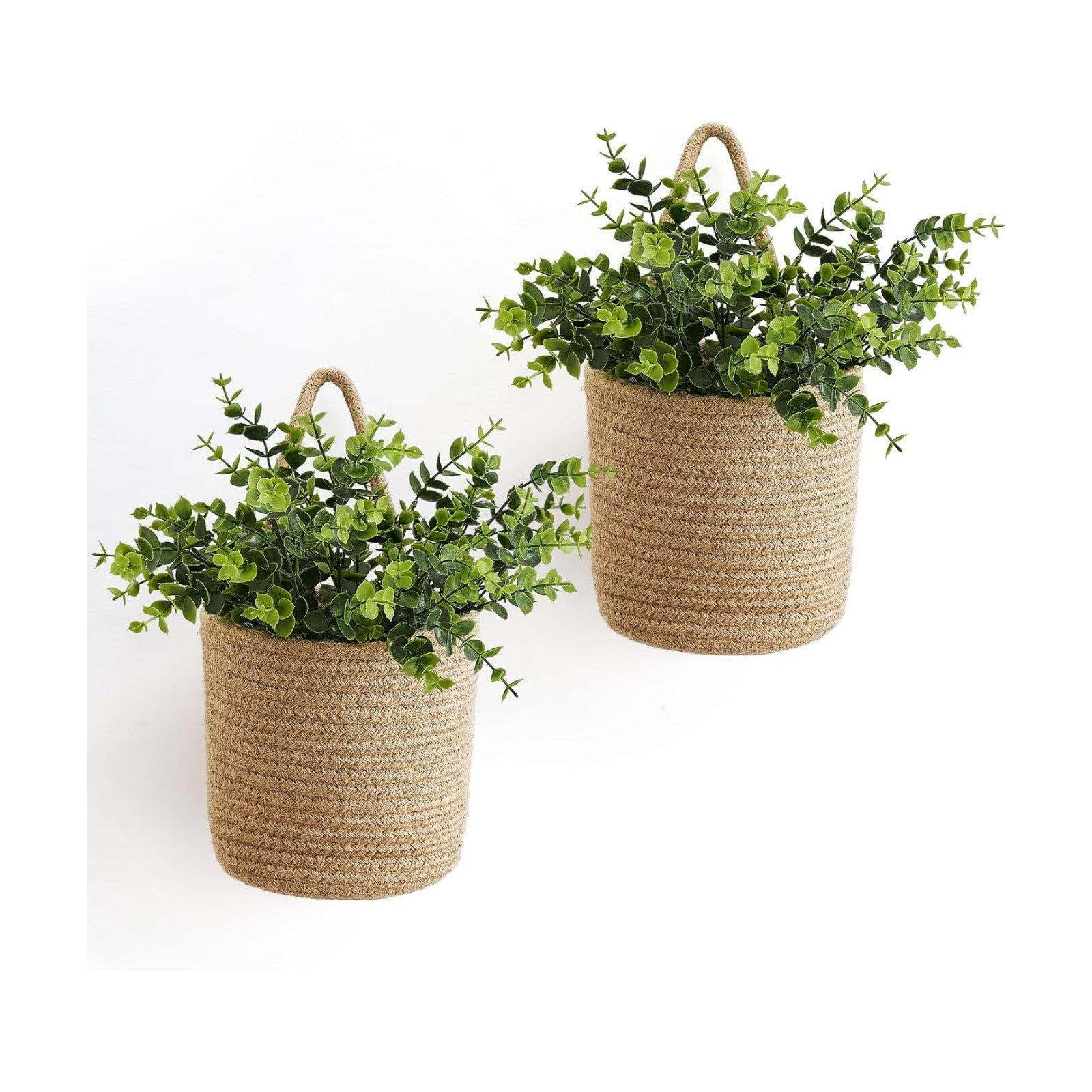 Dahey 2 Pack Woven Hanging Wall Basket 6.5"W×7"H with Artificial Eucalyptus | Easy Hanging Design, Jute Multi-Use