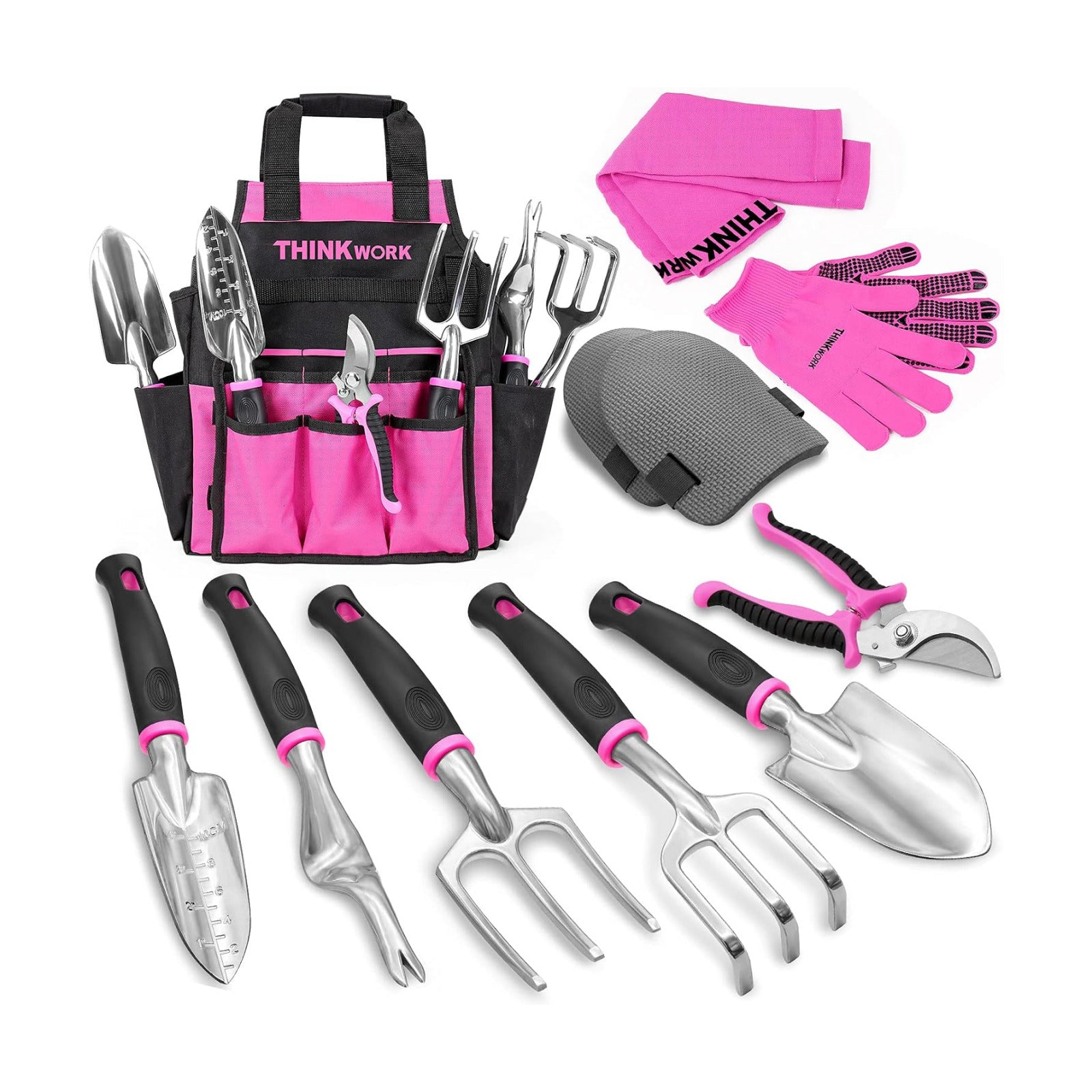 THINKWORK Pink Garden Tools, Gardening Gifts for Women, with 2 in 1 Detachable Storage Bag, Trowel, Transplanter, Rake
