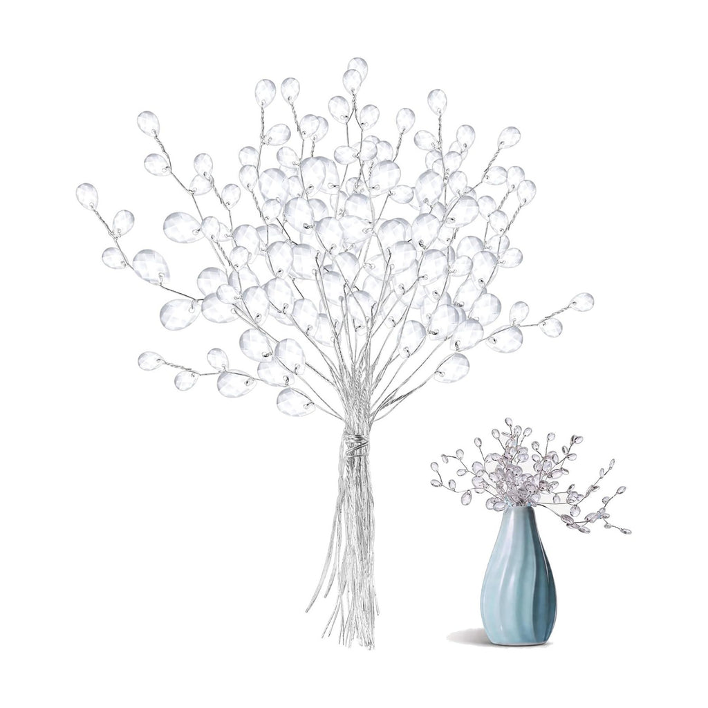 VOSAREA 50pcs Crystal Floral Picks: Flexible 3-Strand Artificial Bouquet Stems with Acrylic Bead Drops for Wedding Decor and DIY Crafts - White 6.69 Inch