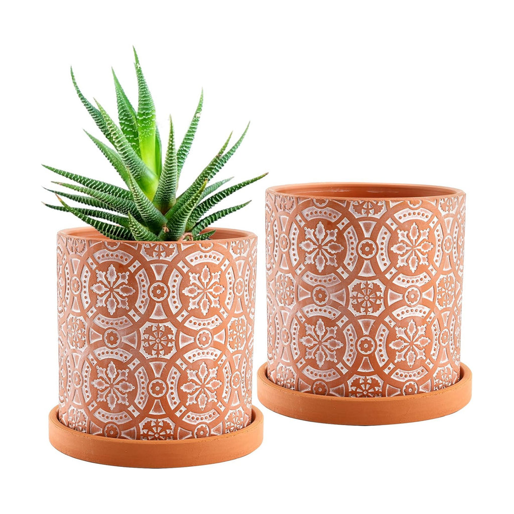 2 Pack Terracotta Plant Pot, 5'' Red Clay Planter Pot with Boho Flower Pattern, Ceramic Cactus Flower Planter Succulent