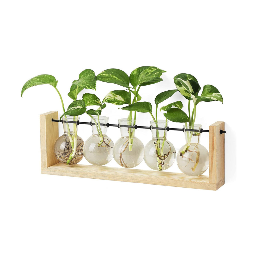 Mkono Plant Propagation Station Wall Desktop Beige Wood Stand 5 Vase Holder