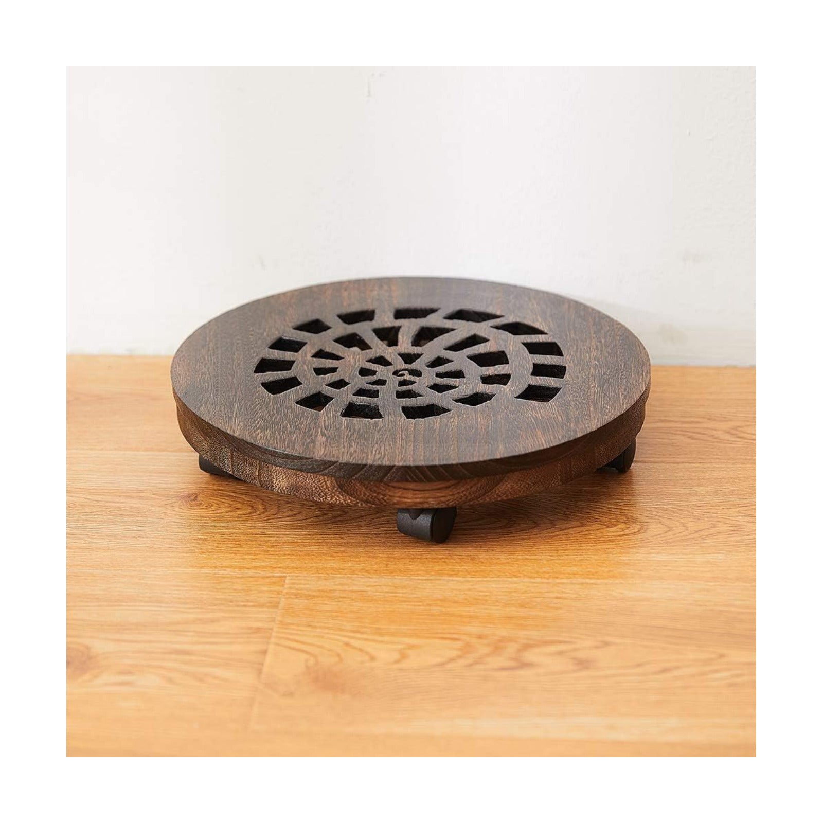 Wood Plant Caddy, Heavy Duty Rolling Planter Dolly With Rotating Casters, Movable Flower Pot Stand, Round Plant Stand