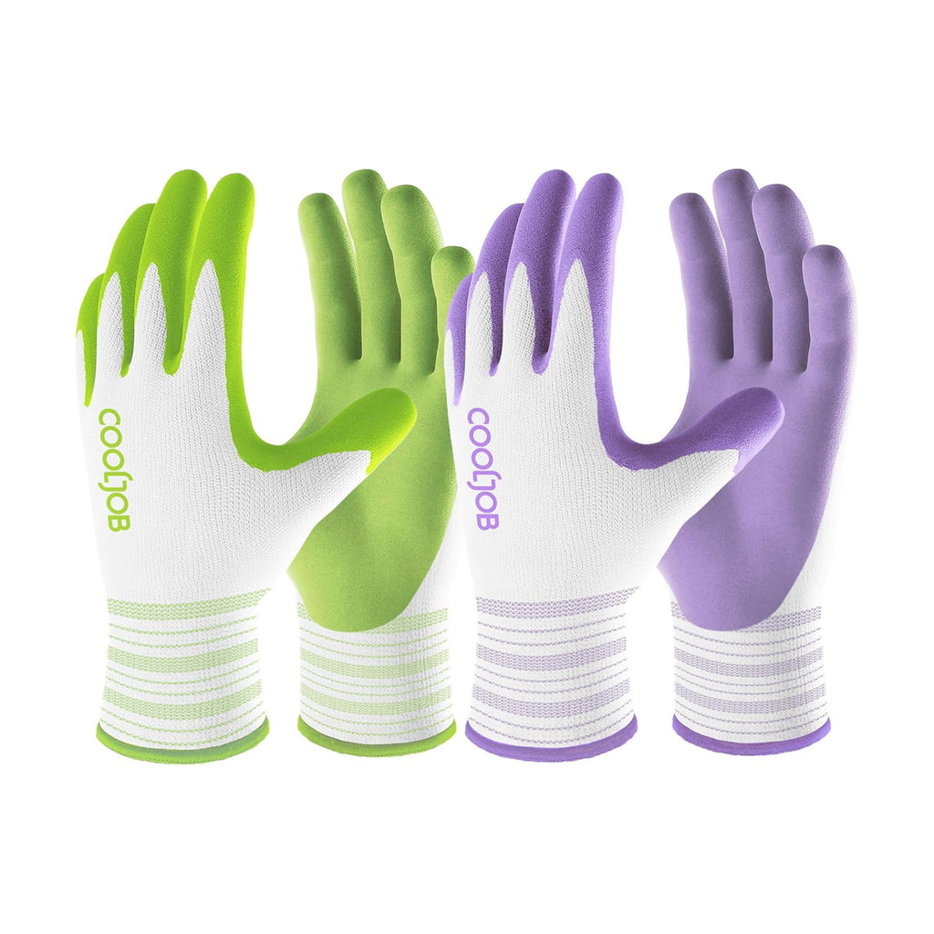 COOLJOB 10 Pairs Gardening Gloves for Women, Breathable Rubber Coated, M | Purple & Green, Textured Latex Palm