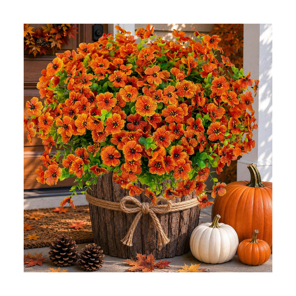AXYLEX Artificial Mums for Outdoors Fake Fall Flowers Red Orange 16 Pack