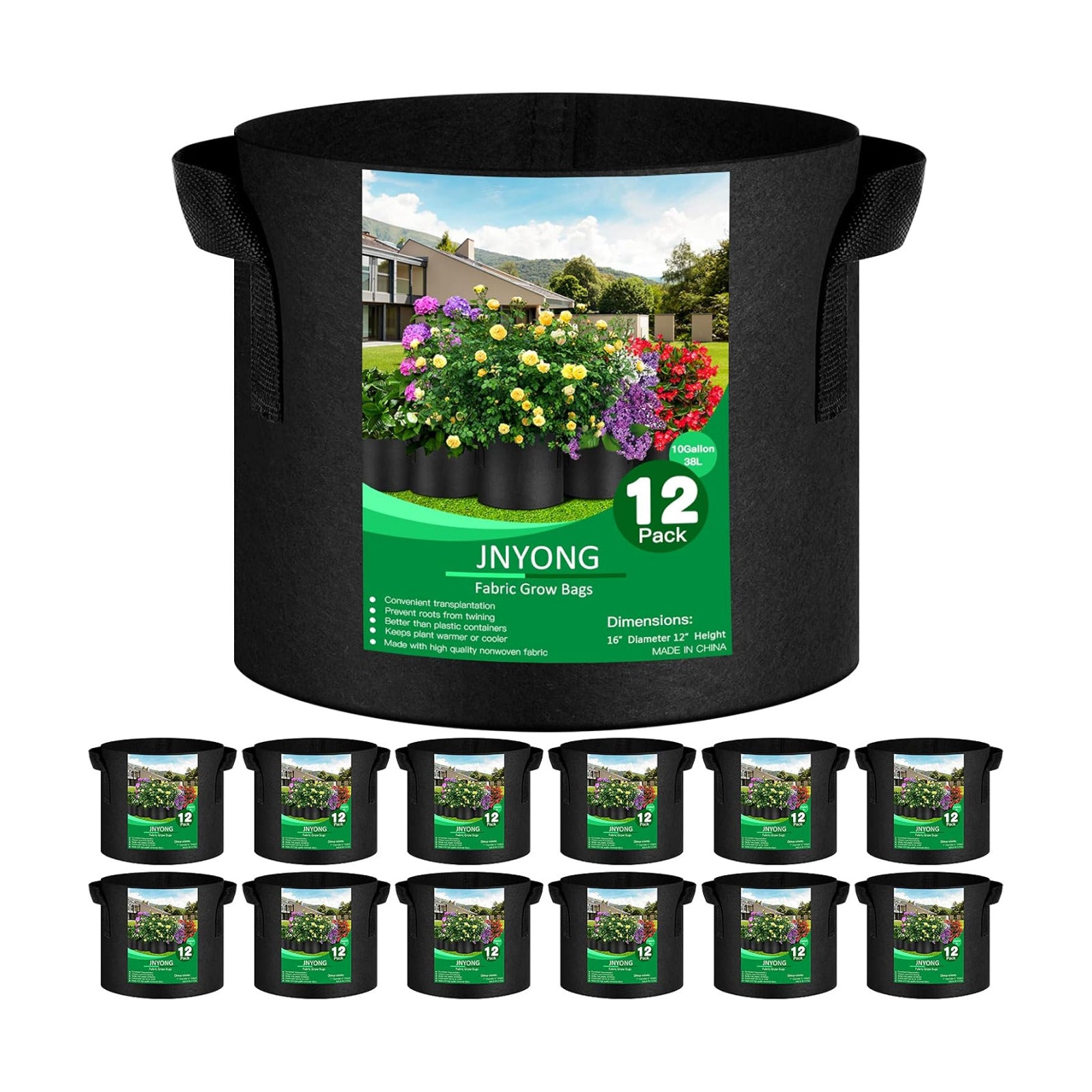 JNYONG 12-Pack 10 Gallon Thickened Non-Woven Grow Bags | Aeration Fabric Pots with Handles