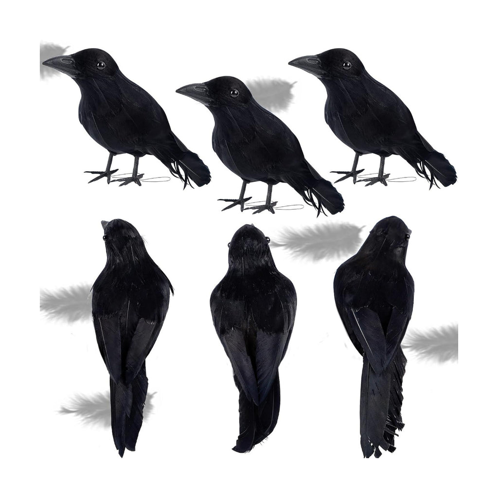 ATDAWN 6 Pack Halloween Black Feathered Crows, Realistic Halloween Birds Decoration for Spooky Décor