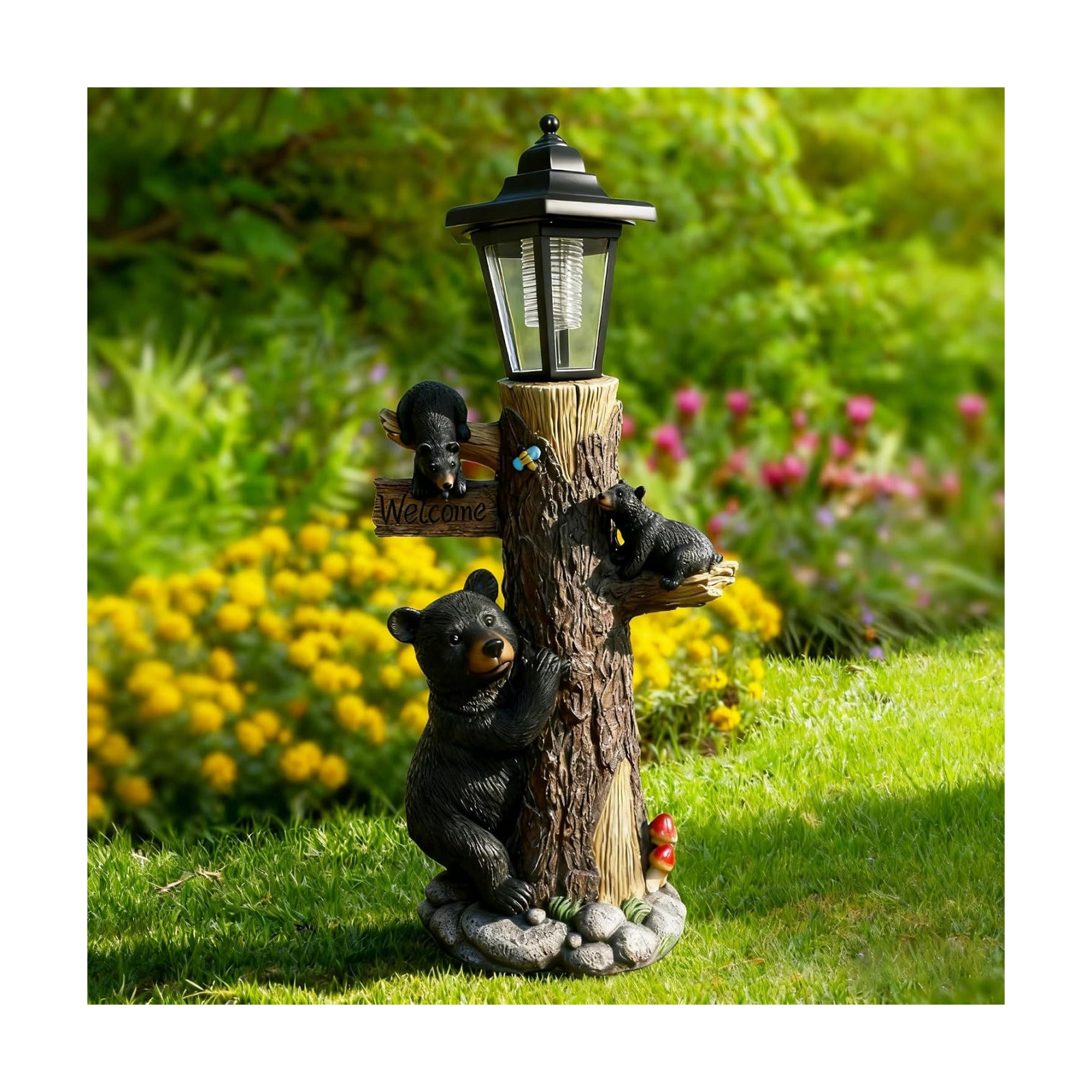 19 Inches Bear Statue Welcome Sign Garden Statue with Solar Lights | Resin Bear Family on The Tree, Outdoor Bear Décor