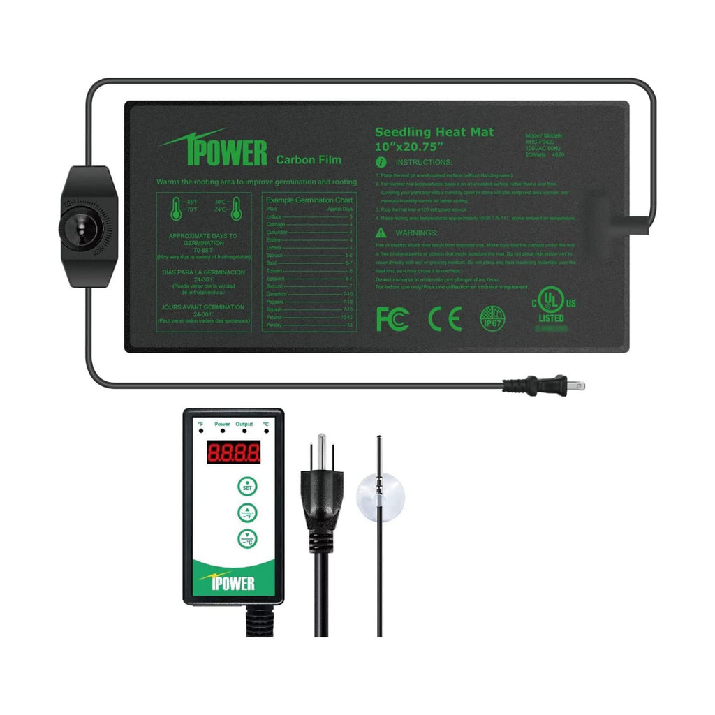 iPower Digital Heat Mat Thermostat Controller and 10" x 20.75" Carbon Film Seeding Warm Hydroponic Pad with Temperature
