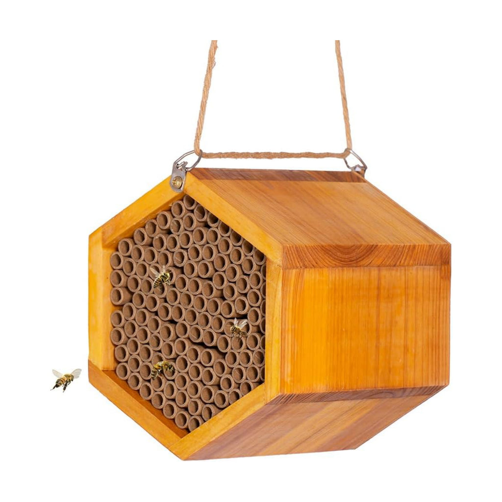 Mason Bee House - Handmade Natural Wooden Bee Hive Coated with Wax for Water-Proof and Long Service Life - Attracts