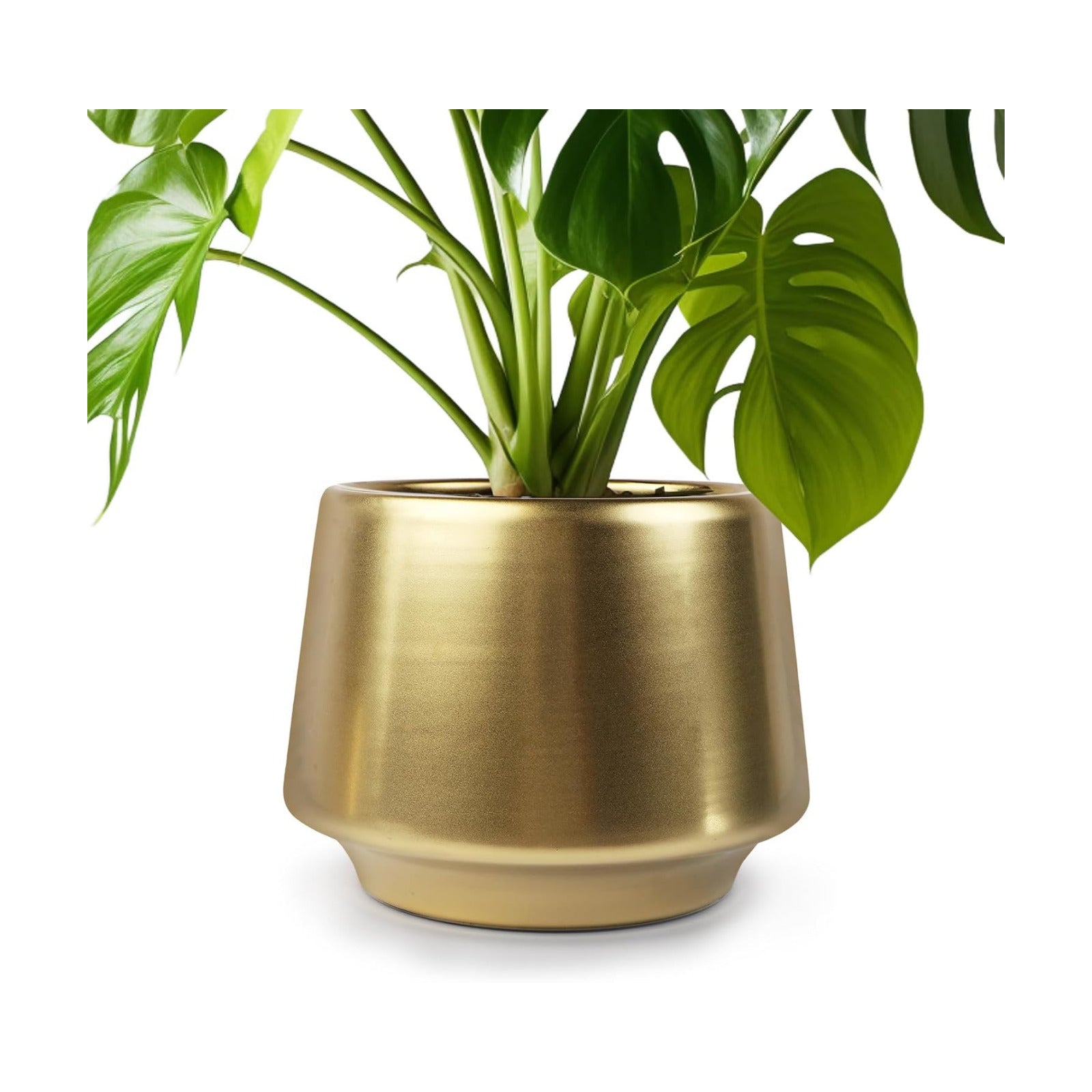 Gold Indoor Plant Pot 7 Inch Large Ceramic Planter With Drainage Hole - Modern Brass Flower Pot Centerpiece Vase
