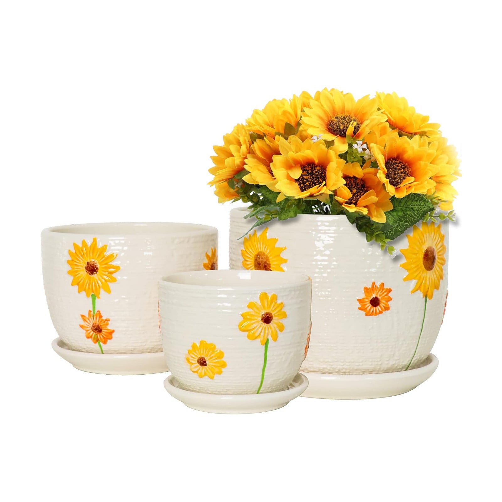 Ceramic Plant Pots,Sunflower Planters with Drainage Holes & Matching Saucer | Ceramic Flower Pot for Indoor Plants