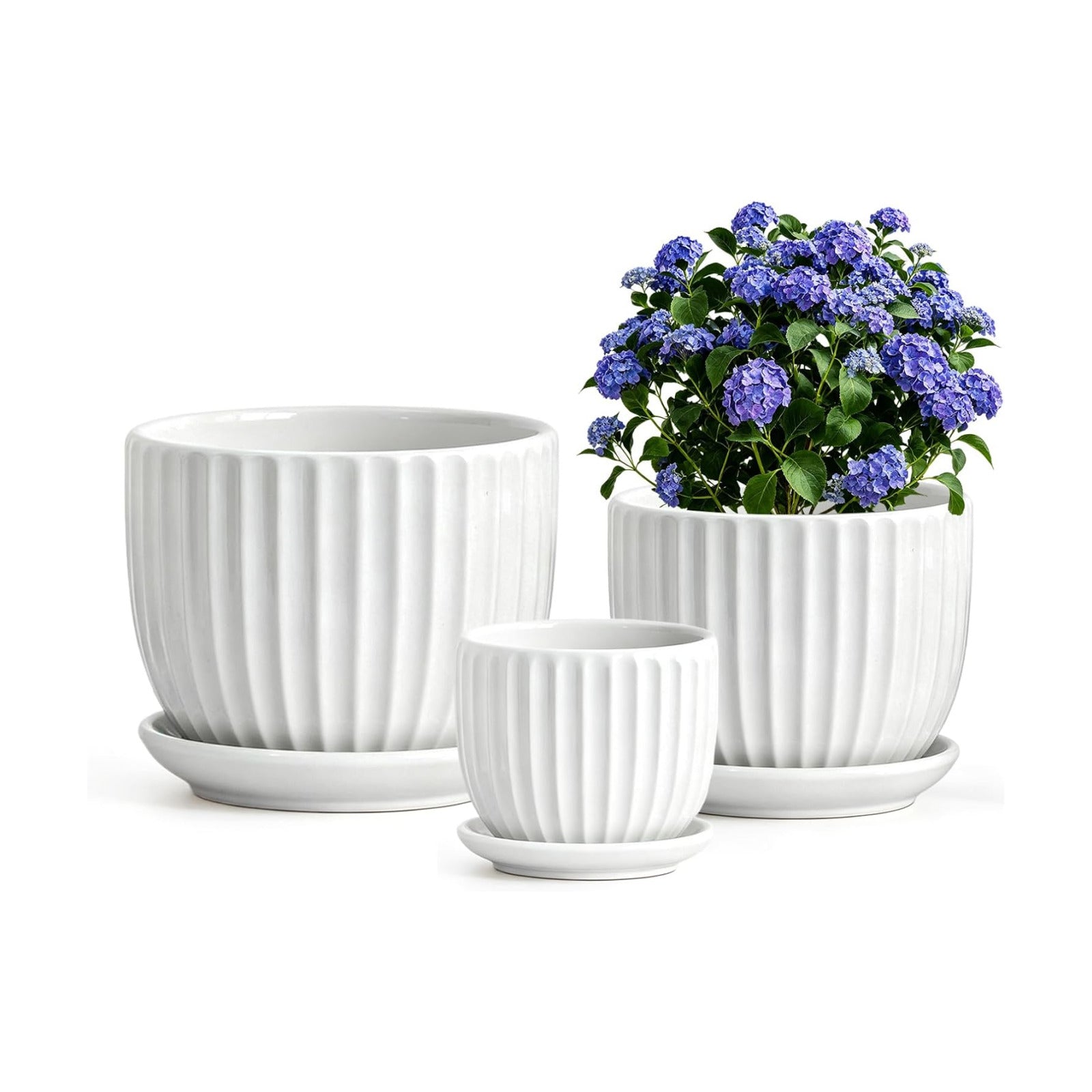 White Plant Pots,Ceramic Flower Pot Set of 3 with Drainage Holes & Saucers | Ceramic Planters for Indoor Plants