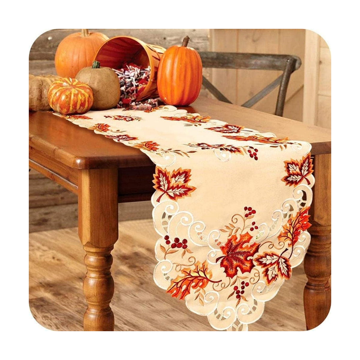 Embroidered Fall Table Runner 15x67In, Maple Leaf Thanksgiving Table Runner