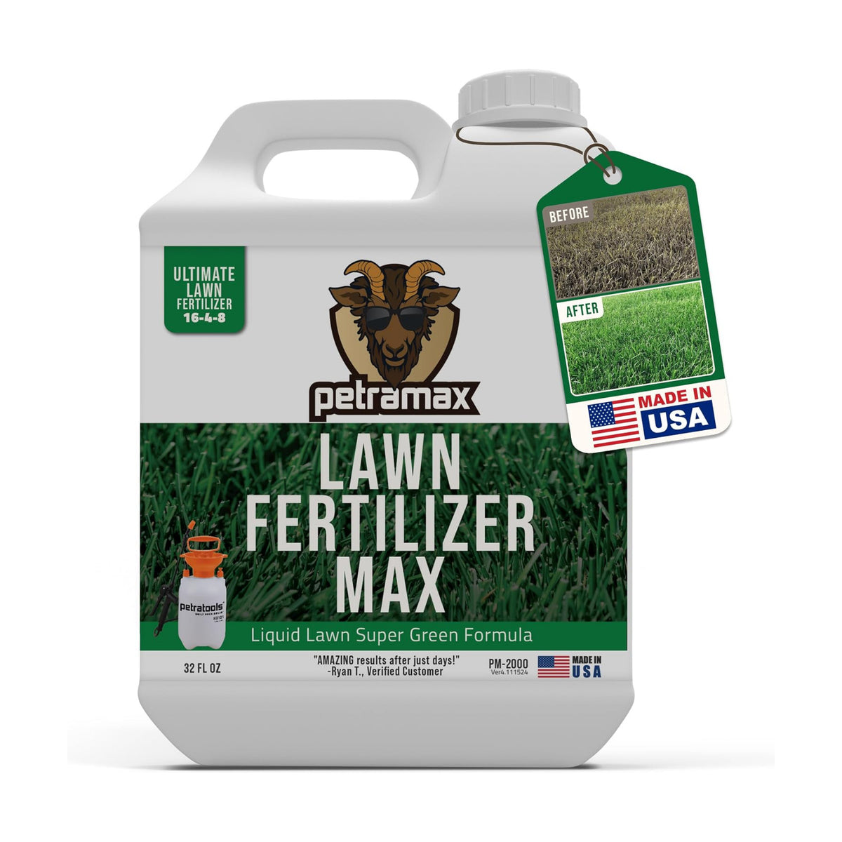PetraMax Liquid Lawn Fertilizer for Lawns Concentrate - Liquid Fertilizer for Lawns, Food for Grass - 16-4-8 High
