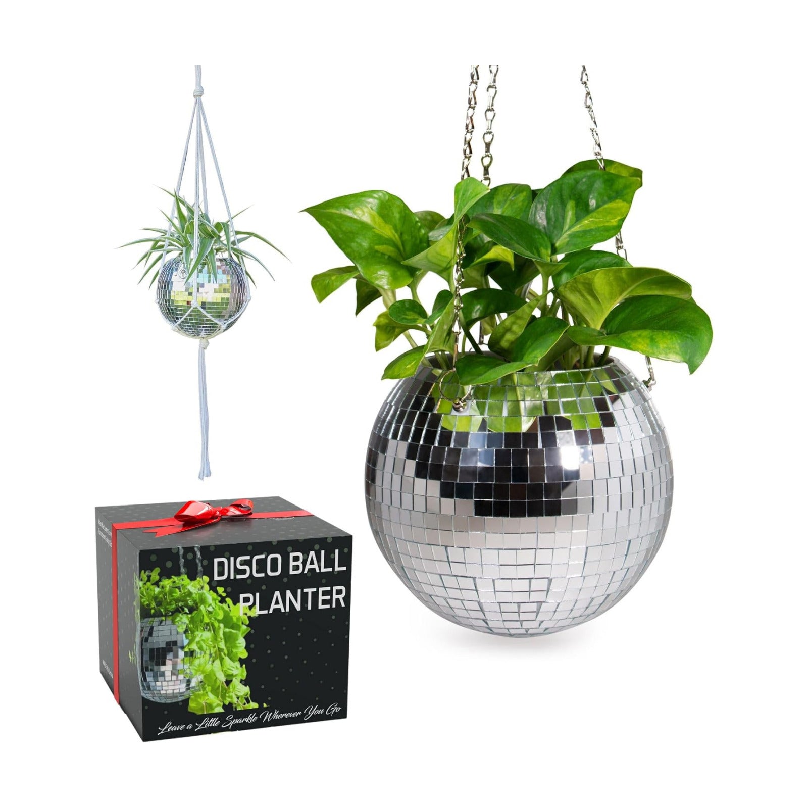 Disco Ball Planter – Value Package: Disco Pot with Chain, Macrame Hanger, Acrylic Stand and Self Watering Insert | 8