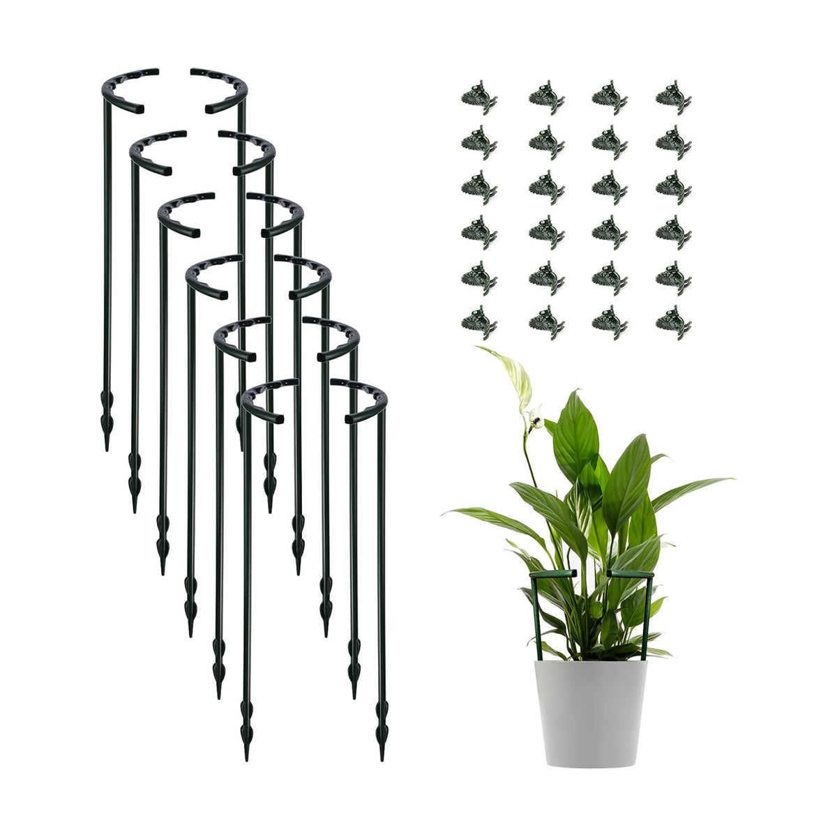 12 Pack Plant Support Stakes with 24 Pcs Clips, Half Round Ring Plastic Cage Holder Flower Pot Climbing Trellis for Small Vegetable,Indoor Plants