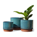 LE TAUCI Ceramic Plant Pots with Drainage Holes, Set of 3, 8+6.7+5.5 Inch Stripe Garden Planter Pots for Outdoor Indoor
