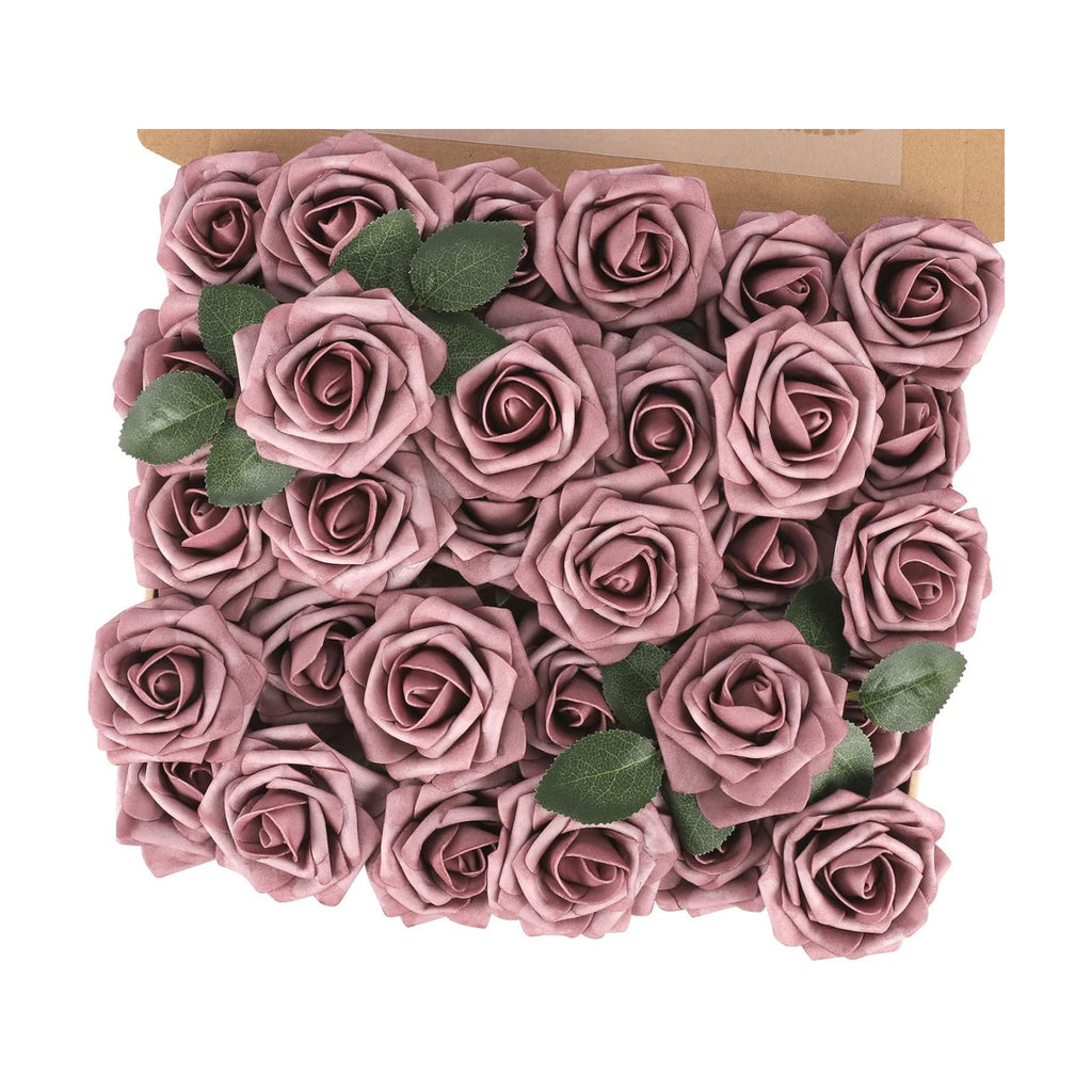 MACTING 30PCS Dusty Purple Pink Artificial Roses, Real Touch Foam Flowers