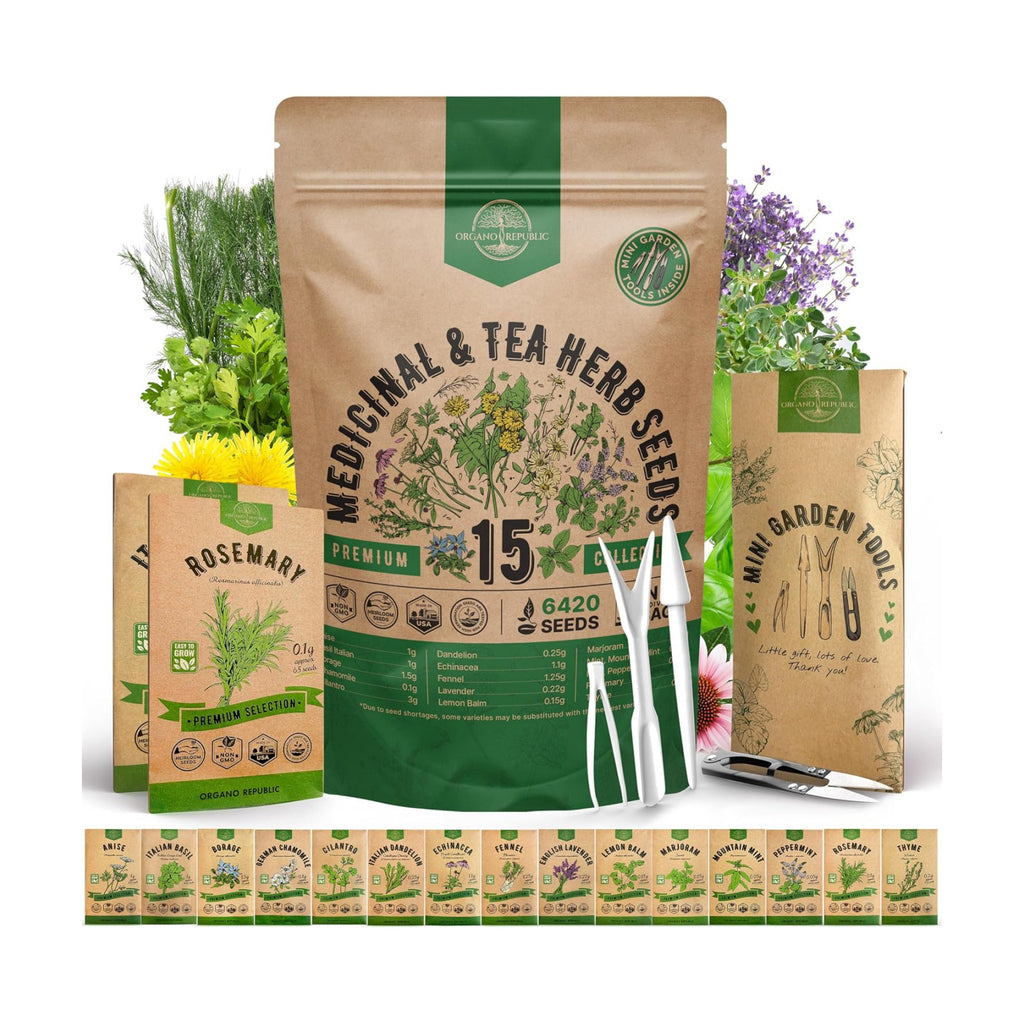 Organo Republic 15 Medicinal & Tea Herb Seeds Variety Pack 6,420+ Non-GMO Heirloom Garden Seeds for Indoor & Outdoors, Including Anise, Borage, Cilantro, Chamomile, Dandelion, Rosemary Seeds