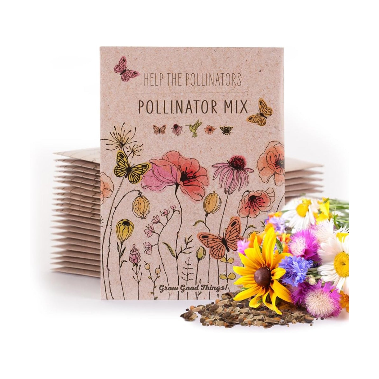 Bentley Pollinator Mix - Pre-Filled, Non-GMO, Non-Coated Butterfly Packets - 25 Annual Wildflower Seeds - Perfect