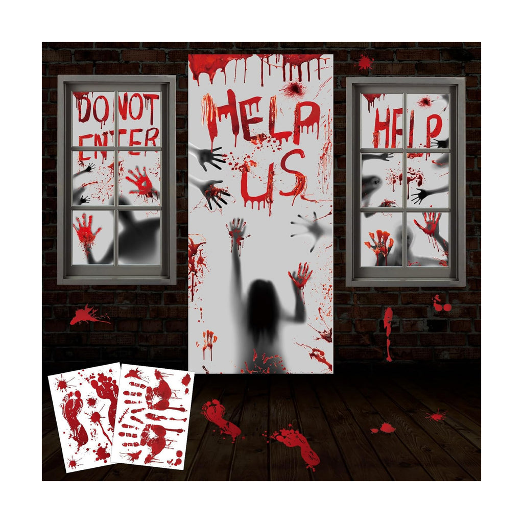 Bloody Halloween Window Cover Halloween Door Poster Decorations, Bloody Handprints Scary Silhouette, Bloody Window Indoor Décor for Party
