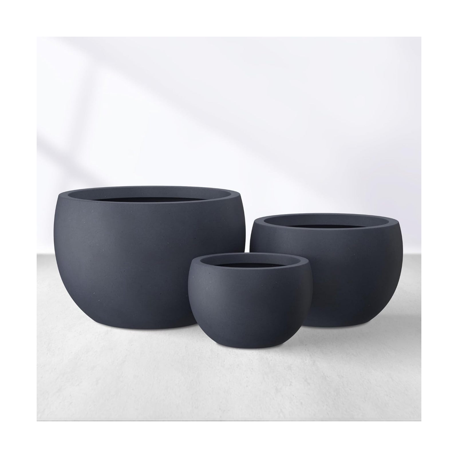Kante Set of 3 Charcoal Concrete Bowl Planters 20" 15.7" 11.8" Dia | Drainage for Outdoor, Rubber Plug for Indoor Home