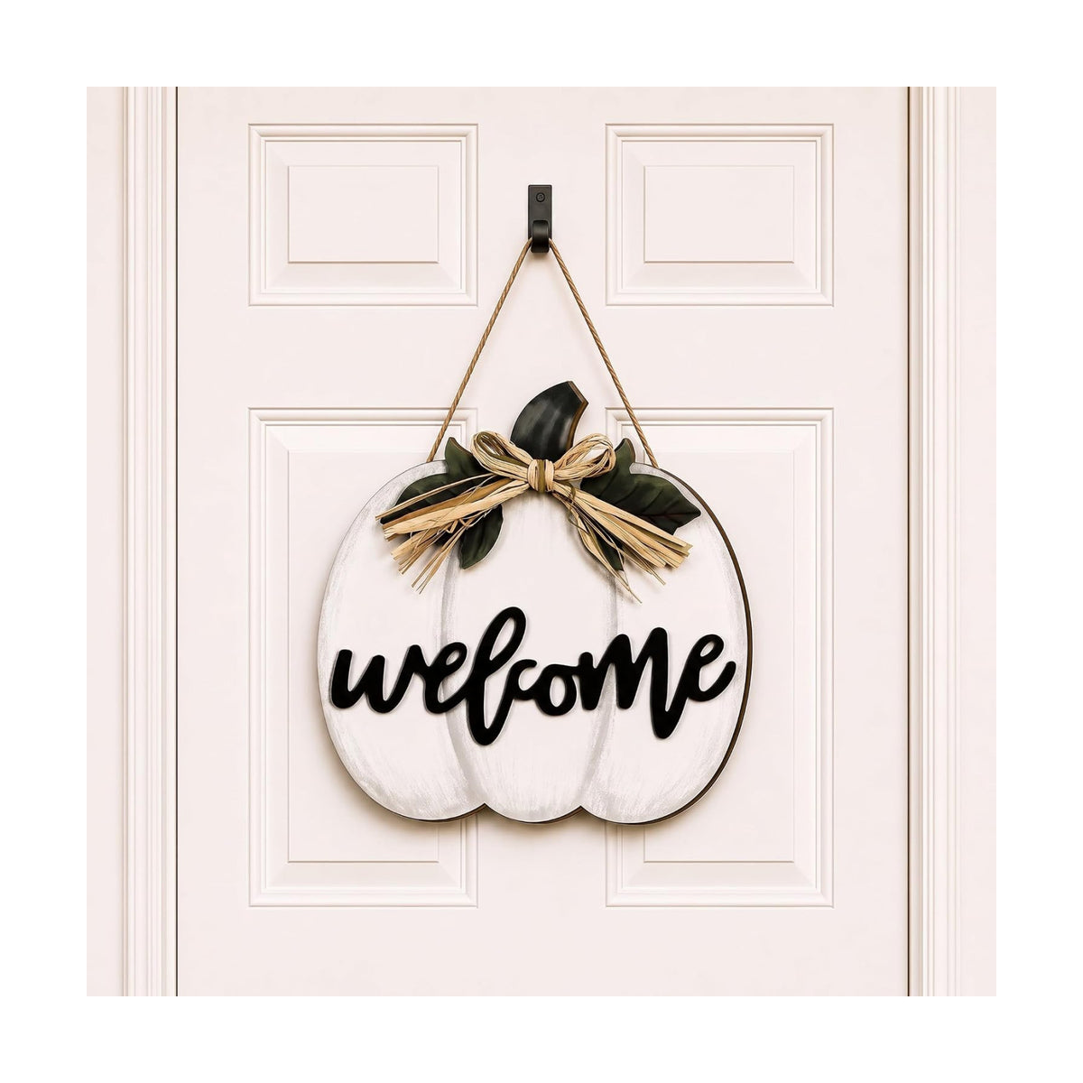Jetec Fall Door Decor, Wooden Fall Pumpkin Welcome Sign Hanger, White