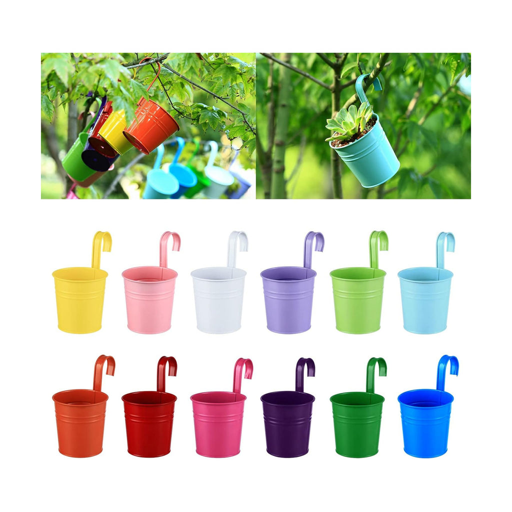 12 Pack Balcony Planters Railing Hanging, Colorful Railing Planter 4 Inches Small Hanging Plant Holder Indoor/Outdoor