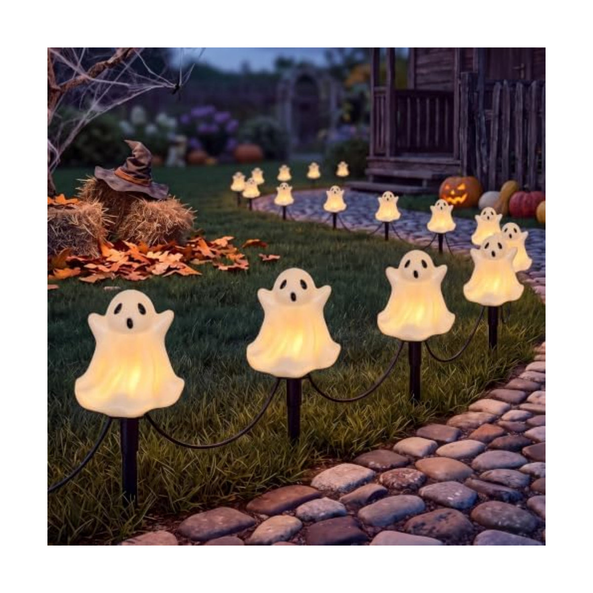 Goothy Halloween Ghosts Pathway Marker Lights, 4 White Ghosts with 4 Stakes, 7Ft Extendable Pathway String Lights, Waterproof for Halloween Lawn Walkway Driveway Markers