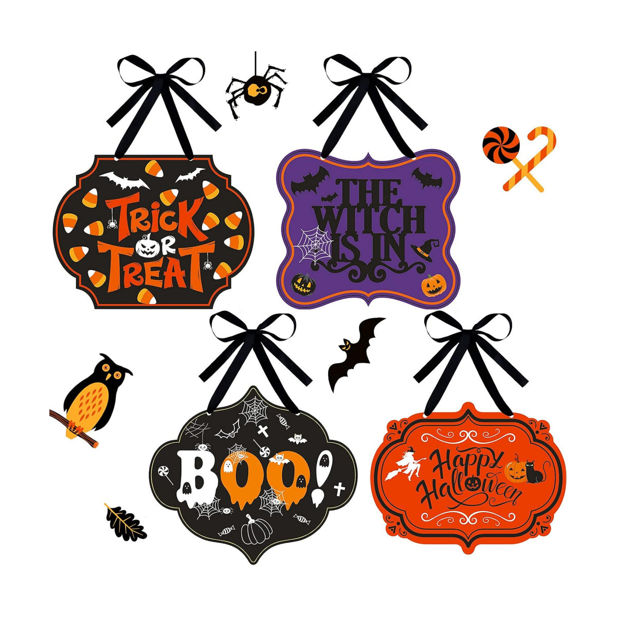 4 Pcs Felt Halloween Signs Wreath Decor for Front Door Indoor, Funny Style